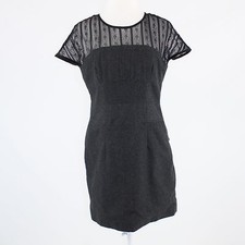 Charcoal gray TULLE black sheer lace neckline cap sleeve sheath dress L