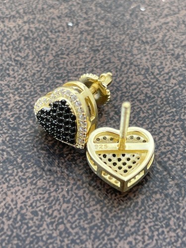 Real 925 Sterling Silver Plated 14k Gold Heart Shape Earrings Stud Iced Black CZ - Picture 7 of 14