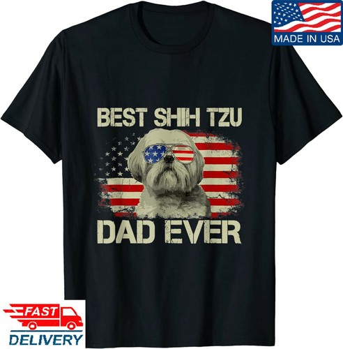 Best Shih Tzu Dad Ever Tshirt Dog Lover American Flag Gift T-Shirt, Gift for Dad - Picture 1 of 3