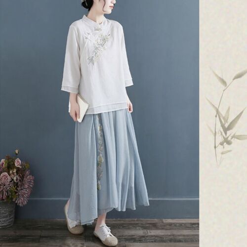 Chinesischer Stil Hanfu Frau gefälschtes zweiteiliges Qipao Cheongsam Hemd Baumwolle Leinen Tops - Bild 2 von 16