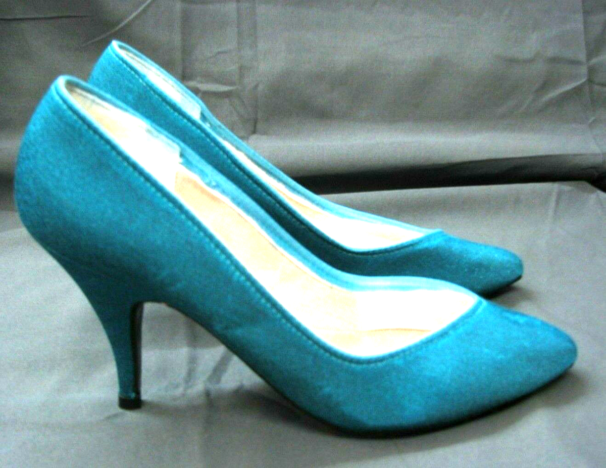 VTG PEACOCKS High Heels Shoes DARK TEAL PARTY SHOES Satin Pumps 5.5B