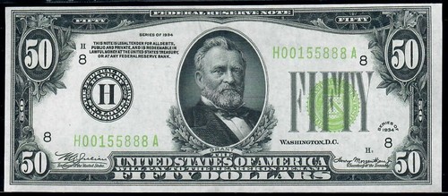 FR 2102-H 1934 50 $ HELLGRÜNER BUNDESRESERVESCHEIN BANKFRISCH