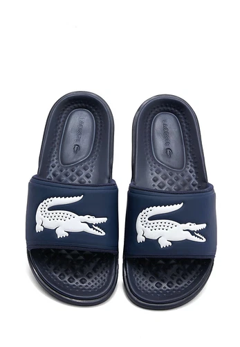 Mens Lacoste Slides Croco Dualiste Navy Blue Logo Slip On Comfort Sandals New