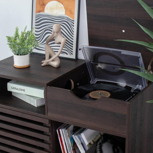 Record Player Stand, Vinyl Record Cabinet with Power Outlet Fluted - Picture 13 of 15