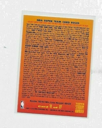 1993 Topps Stadium Club Basketball Card #18 of 27 NEW YORK KNICKS SUPER TEAM - Picture 2 of 3