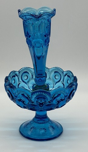 Rare Vintage LE Smith Glass Colonial Blue Epergne Single Horn Moon and Stars 8" - Picture 3 of 20