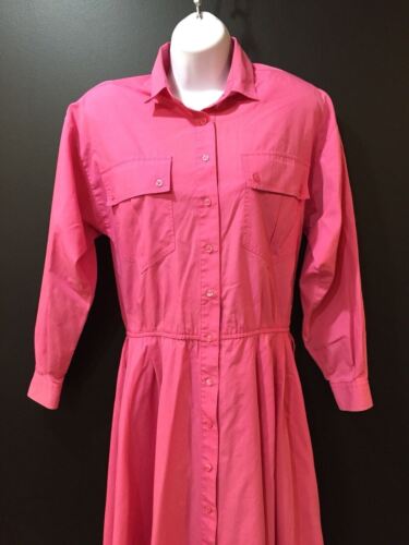 Vintage 80s Alain Toussaint Shirt Dress Hot Pink Shoulder Pads Full Skirt Size 8 - Picture 2 of 12