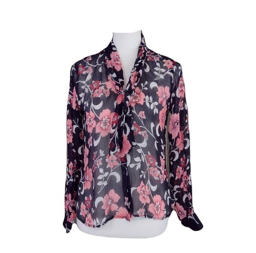 Talbots 100% Silk Blouse Black Floral Front Bow Long Sleeve Vintage Top Size 4 - Picture 2 of 8