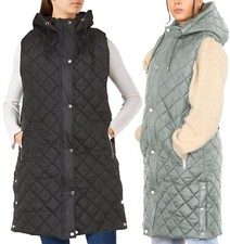 Long Line Hooded Coat Quilted Body Warmer Side  Popper Split Zip Pockets Ladies