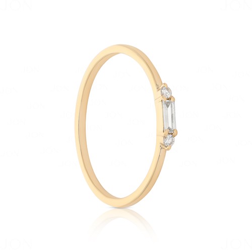 14K Yellow Gold Natural Diamond Round Baguette Stackable Band Ring-For Gifting  - Picture 6 of 9
