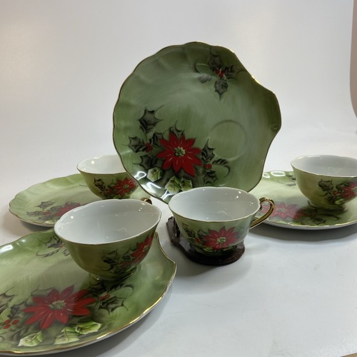 Lefton édition limitée assiette à collation poinsettia tasse à thé ensemble de 4 tasses de Noël peintes à la main - Photo 21/21