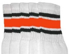 19  MID CALF WHITE tube socks with BLACK/ORANGE stripes style 3 19-27 
