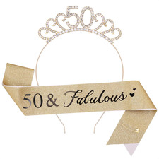 50Th Birthday Sash and Tiara Set, 50 Glitter Crown Headband  Fabulous Sash Part