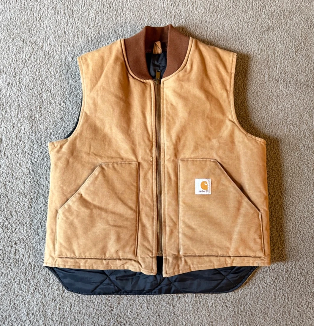VTG Carhartt VQ186 Men's Tan Insulated Zip Up Duck Canvas Vest - Size Large