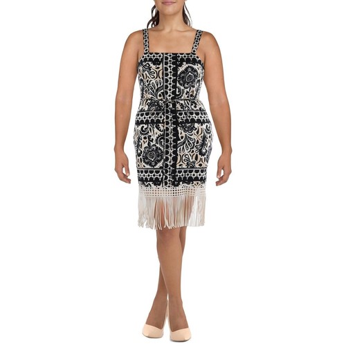 Tahari ASL Womens B/W Fringe Knee-Length Daytime Sheath Dress 8 BHFO 9502
