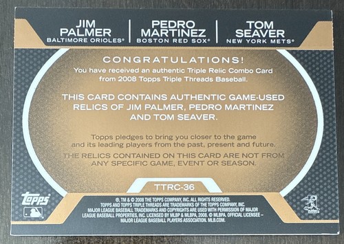 Pedro MARTINEZ Tom SEAVER PALMER🔥2008 Topps Triple Hilos Combo Reliquia 15/27📈 - Imagen 2 de 2