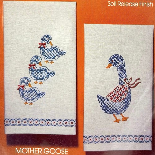 Pair Mother Goose Kitchen Towels Stamped Embroidery Kit Thread Floss Vintage 80s