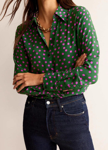 BODEN Sienna Silk Shirt Blouse Button Up Green Dotty Spot Pink Polka Dots Sz 16
