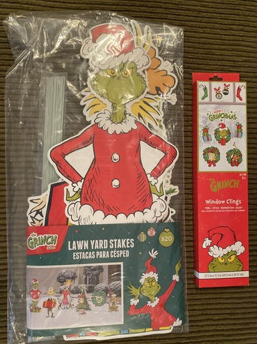 New Christmas The Grinch 6 Pc Lawn Yard Stakes & The Grinch Window Clings NIP - Picture 1 of 10
