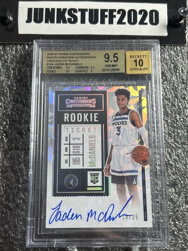2020-21 Contenders Jaden Mcdaniels Cracked Ice /25 Auto 9.5 BGS 10 Rookie Ticket