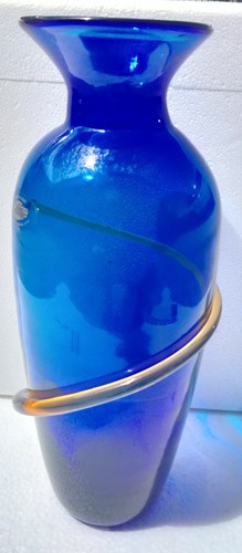 Blenko Handcrafted Hand Blown Art Glass Cobalt Blue Amber SwirlVase - Picture 5 of 14