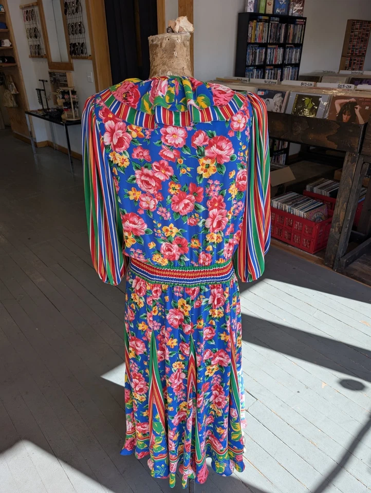 Vtg Diane Freis Dress 1980's Georgette Colorful Floral Stripe Maxi Dress M/L - Image 4 of 4