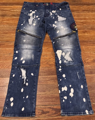 MAKOBI Moto Biker Jeans Herren Gr. 38x32 Blau Acid Wash Skinny Distressed - Bild 2 von 7