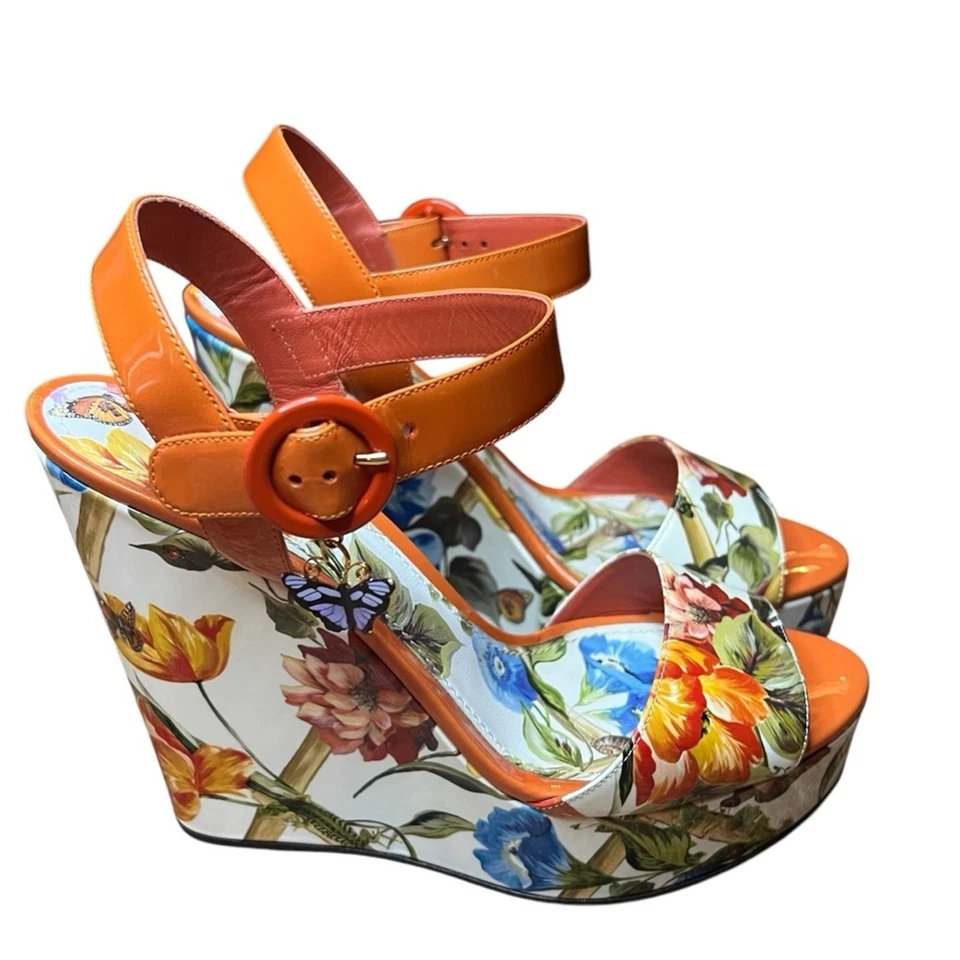 Sandalias de cuña Dolce & Gabbana BIANCA charol floral mariposa EU 40 US 10 Foto 4 de 4