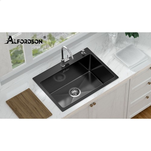 ALFORDSON Kitchen Sink Stainless Steel Drop in Flush Single Bowl 600X450MM Black - Picture 11 of 12
