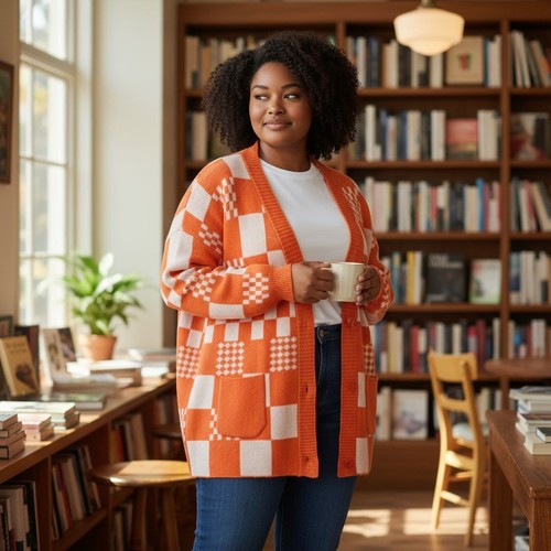 Auffälliger orange-weiß karierter Pullover Cardigan Jade von Jane University Of Tenn - Bild 1 von 5