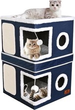 2-Story Cat House for Indoor Cats Dual-Purpose Cat Cave Bed with Scratch Pad
