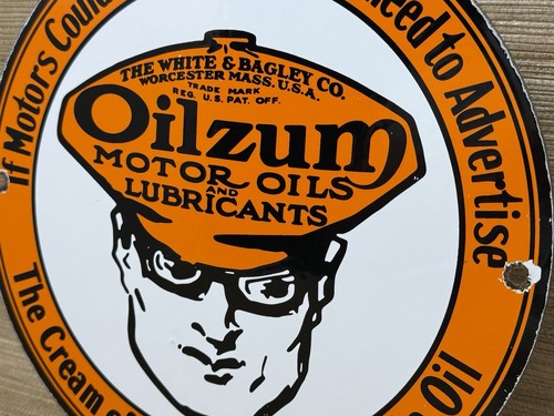 VINTAGE OILZUM MOTOR OIL PORCELAIN SIGN METAL WHITE & BAGLEY USA GAS STATION - Foto 9 di 12