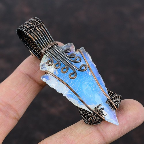 Copper Milky Opal Rough Stone Titanium Beads Ethnic Wire Wrapped Pendant Jewelry - Picture 5 of 6