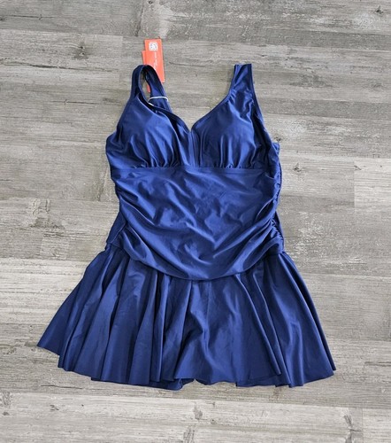 Womens Plus Size One Piece Swimsuit Bathing Swim Dress 5XL Navy Blue Flare Skirt - Picture 13 of 13