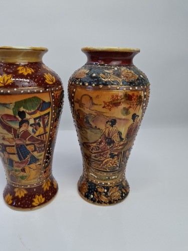 Pair Of Vintage Japanese Hand painted Small Satsuma Vase 16 CM Red Leaves P56 - Picture 3 of 17