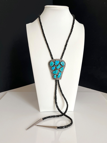 VTG. Signed Navajo Handmade 9 Turquoise Stones Sterling Silver Bolo Tie Necklace - Picture 3 of 6