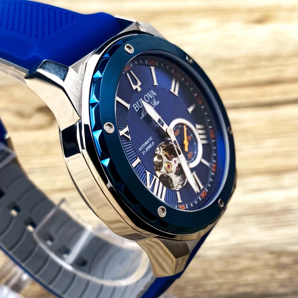 Reloj automático para hombre Bulova Marine Star 45 mm esfera azul correa de goma azul 98A303 Foto 3 de 4