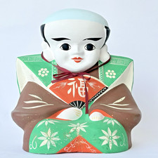 Vintage Fukusuke Japanese Lucky Doll Clay Figure 9.8" Traditional Folk Art Japan