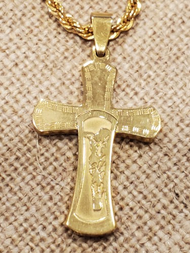 STAINLESS STEEL RELIGIOUS 2" GOLDTONE CROSS W/JESUS ON 24" ROPE CHAIN - Foto 3 di 5