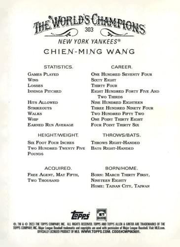 2023 Topps Allen & Ginter Chien-Ming Wang #303 New York Yankees - Bild 2 von 2