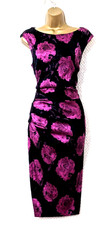 PHASE EIGHT Black Cerise Floral Ruched Wiggle Dress UK 16 Evening Wedding Party