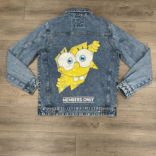 Members Only X SpongeBob Jacket Blue Denim Jean Trucker Bomber Coat Mens Medium - Picture 2 of 13