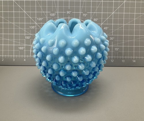 Vaso ciotola rosa Fenton Hobnail vetro opalescente blu 4” alto 4” largo vintage