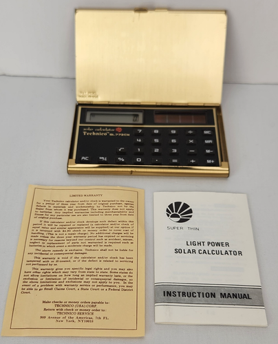 VTG Technico SL773CK Solar Powered Thin Calculator Brass Case w/ Manual Works - Picture 2 of 10