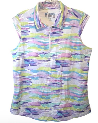 IBKUL LADIES POLO SHIRT LARGE PURPLE GREEN BLUE UPF QUICK DRY TENNIS GOLF ZIP