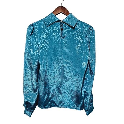 Blusa Cindy Collins Vintage Años 80 Talla S Verde Azulado Satinado Floral Oficina Fiesta  - Imagen 2 de 6