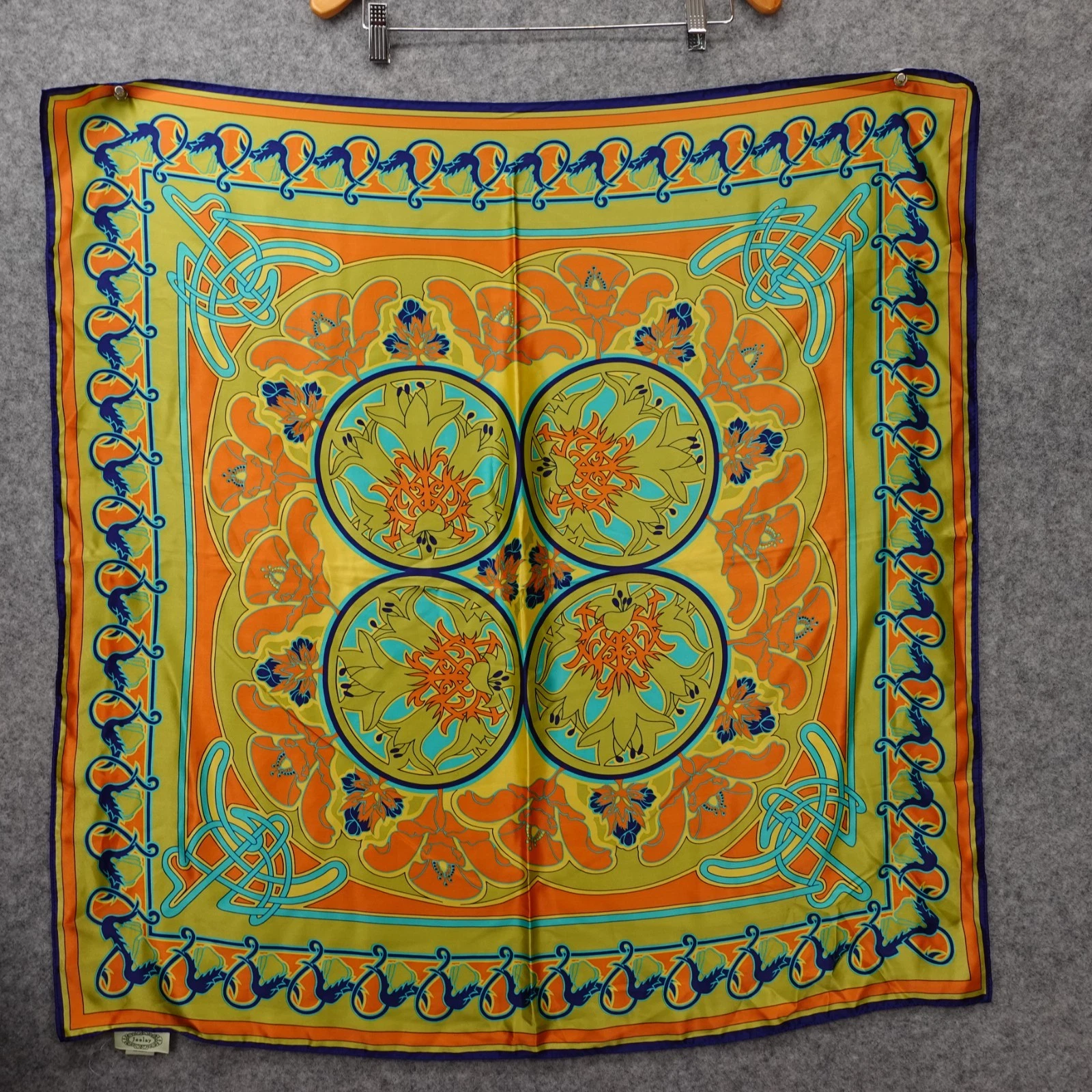 Square Silk Scarf Womens JOOLAY Green Orange Art Nouveau Botanical Whimsical 34"