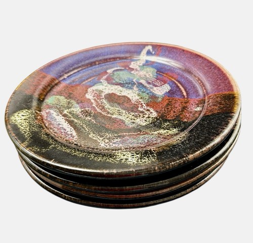4 Vintage Hand Thrown Studio Art Pottery Plates Dish 9" signed Stoneware Vibrant - Picture 4 of 9