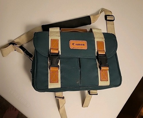 Borsa fotocamera reflex digitale Canon vintage tela verde cinturino pelle 12x7x8 custodia imbottita - Foto 2 di 10