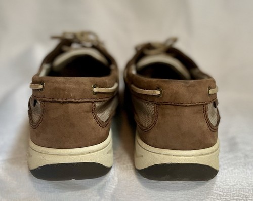 LL Bean Suede Leather Mesh Lace Up Boat Shoes Womens 11 Brown Cream Preppy Yacht - Picture 4 of 7